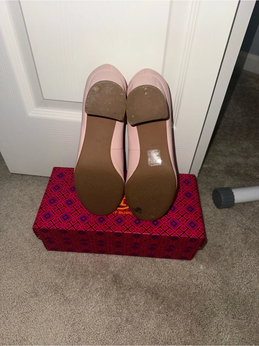 Tory Burch Pale Pink Leather Block Heel Pumps with Gold Logo